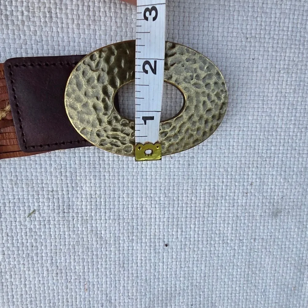 Leather belt woven with hammered brass buckle